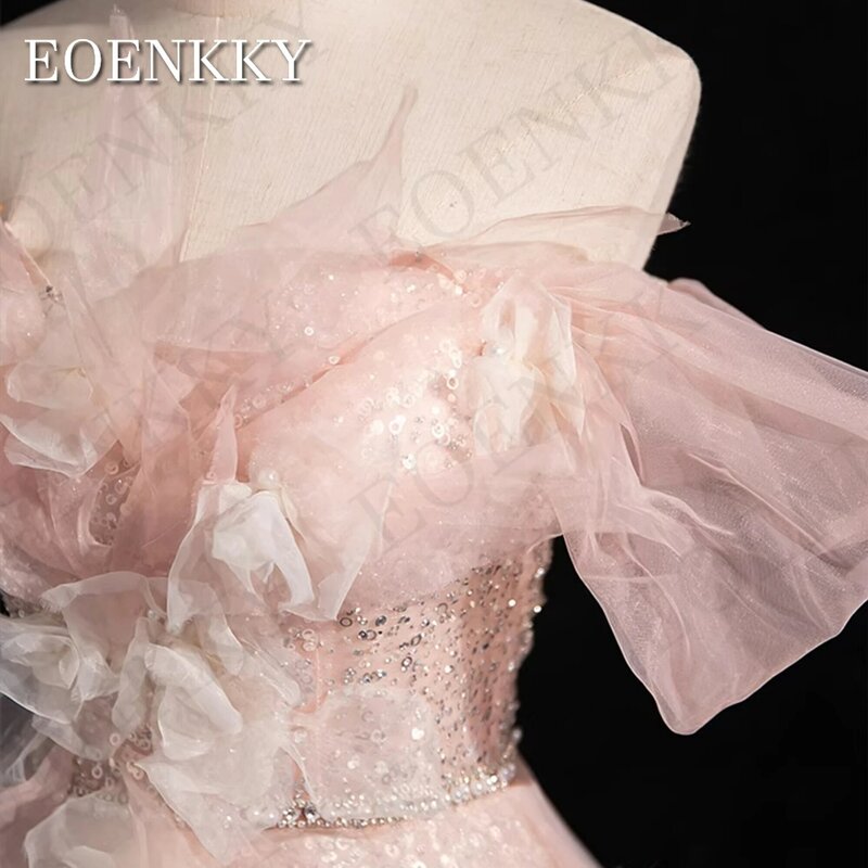 Gaun Prom Glitter merah muda dari bahu gaun ulang tahun gaun pesta wisuda pesta Tulle berpayet menawan