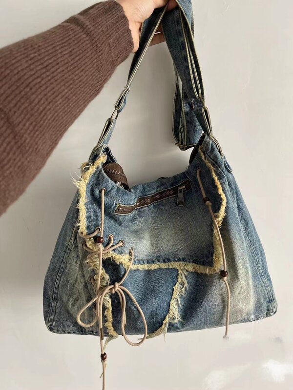 Повседневные женские сумки-тоуты из потертого денима, мягкие вместительные винтажные сумки на ремне для студентов, дамские сумочки для покупок