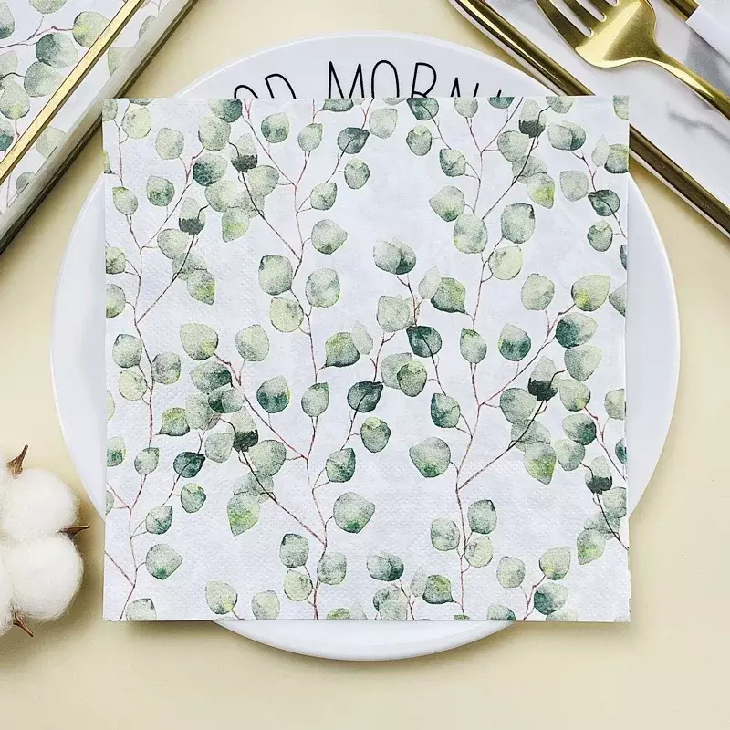 프린트 냅킨 숲 유칼립투스 잎 컬러 종이, 호텔 서양 레스토랑 테이블 장식, 와인 유리 꽃 종이