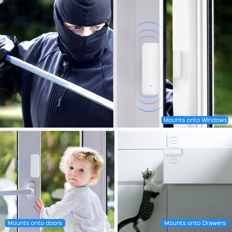 Tuya Magnetic Home Window Sensor, Alarme de Porta, Alertas Inteligentes, Automação de Iluminação, Family Members Sharing, Smart Life