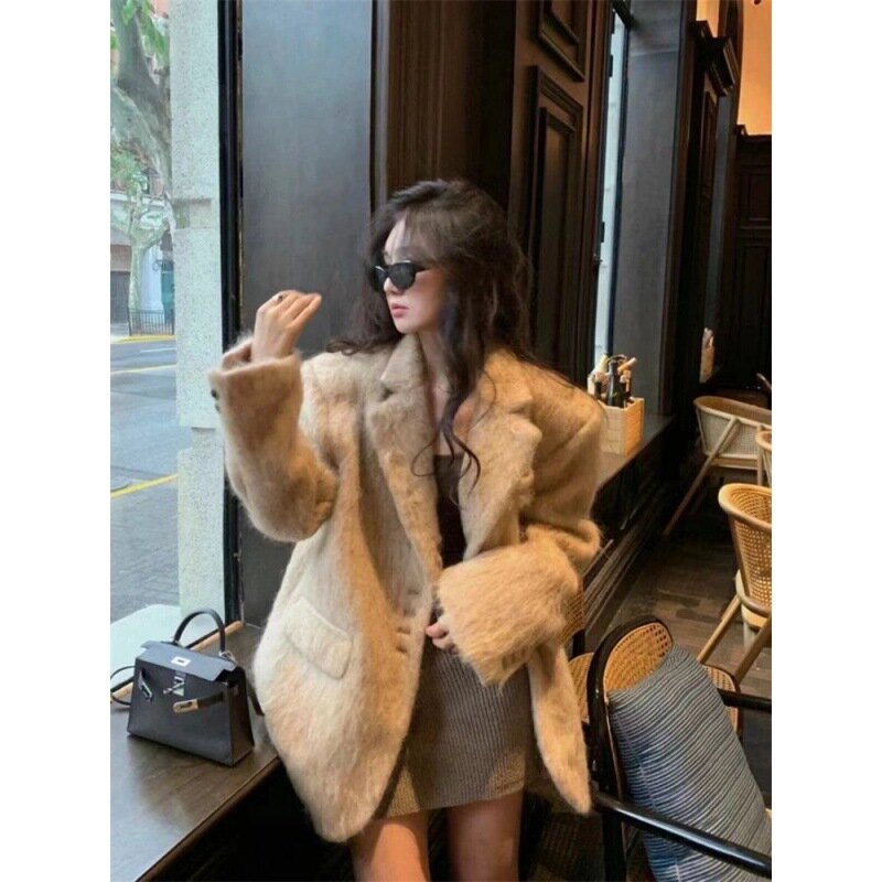 Woolen Plush Pink Coats For Women Fashion Long Sleeves Single Breasted Loose Jackets Autumn Winter Female Packet Overcoat
