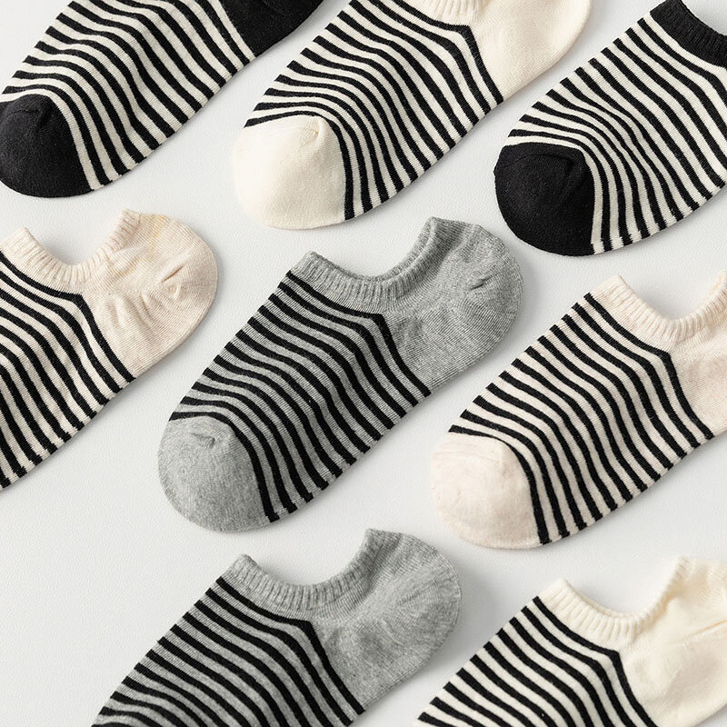 4 pares de alta qualidade das mulheres verão listrado meias de algodão fino confortável respirável invisível silicone anti-skid barco meias
