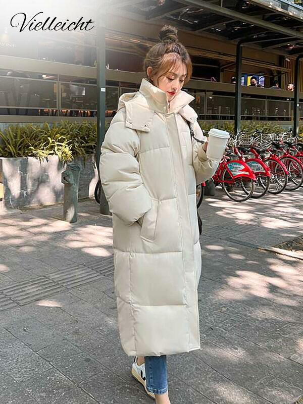 Vielleicht 2023 Корейская куртка женские зимние парки X-long однотонные утепленные куртки с капюшоном женская зимняя одежда пальто мягкая свободная одежда