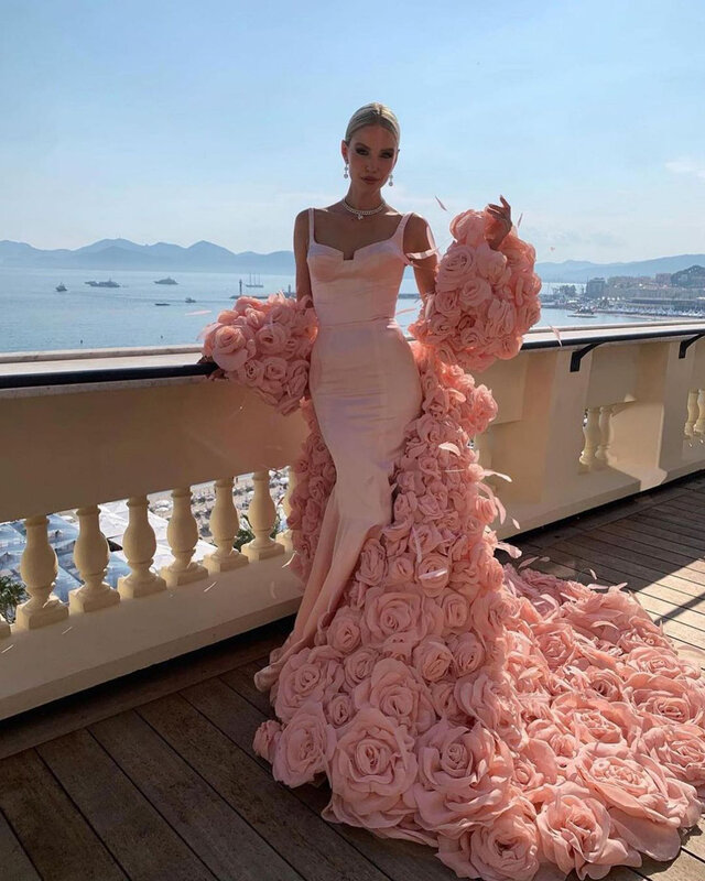 Przepiękne suknie sławne syrenki dla kobiet 3D spódnica w kwiaty dopasowany bez rękawów sukienka z odkrytymi plecami suknia wieczorowa dlań
