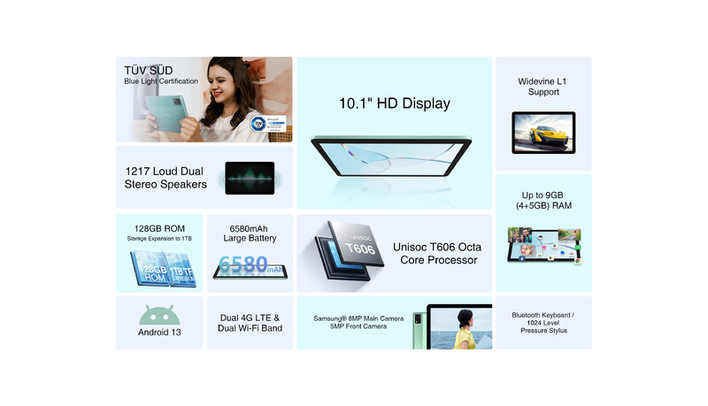 DOOGEE T10E Tablet PC 10.1 "wyświetlacz HD TÜV SÜD niebieskie światło certyfikacja 9GB + 128GB Android 13 6580mAh bateria
