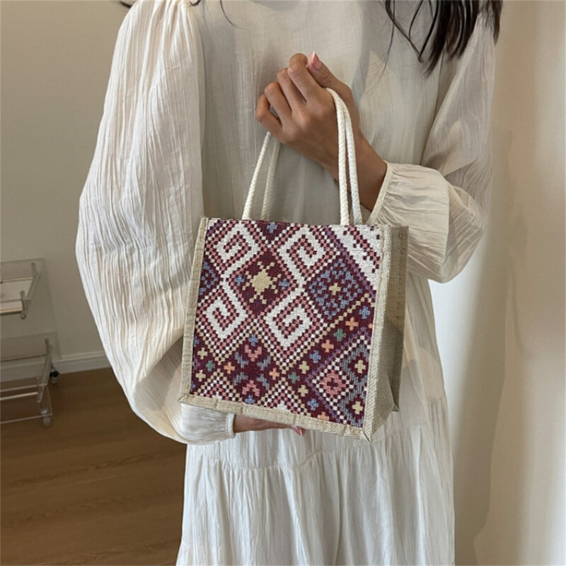 Льняная сумка для женщин, сумка для покупок, модная дизайнерская сумка, удобная вместительная сумка для ланча, винтажная сумка с аккомпанементом
