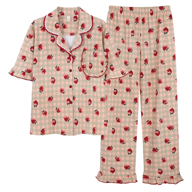 Short Sleeved Tops Long Pants Pajamas Sets Summer Cotton Women Sweet Strawberry Print Pyjamas Sleepwear Loungewear Femme Clothes
