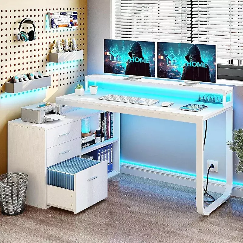 L Shaped Desk w/ Power Outlets & LED Lights & File Cabinet, 55" Corner Computer Desk w/3 Drawers & 2 Storage Shelves,White