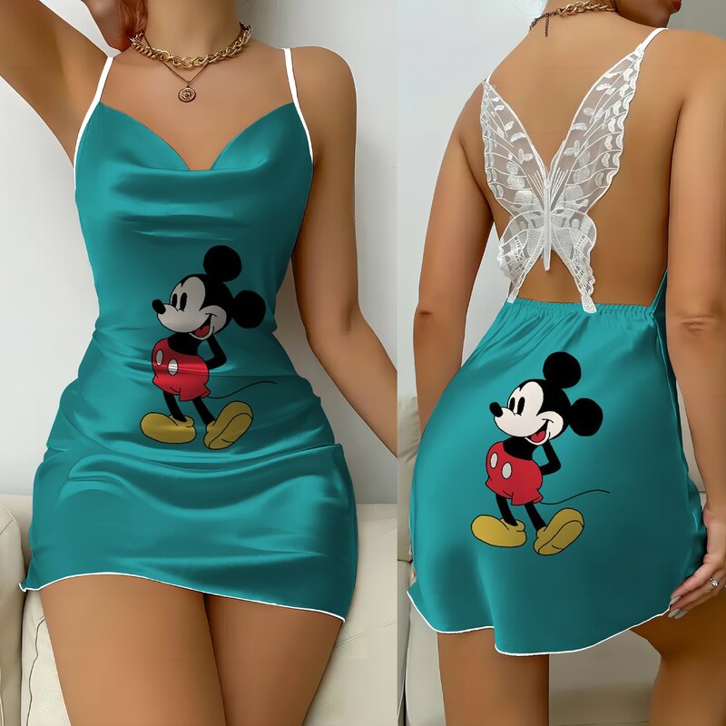 Vestido de Minnie Mouse para mujer, minifalda de pijama de superficie de satén de Mickey, Disney, nudo de lazo, Sexy, para fiesta, moda de verano, 2024