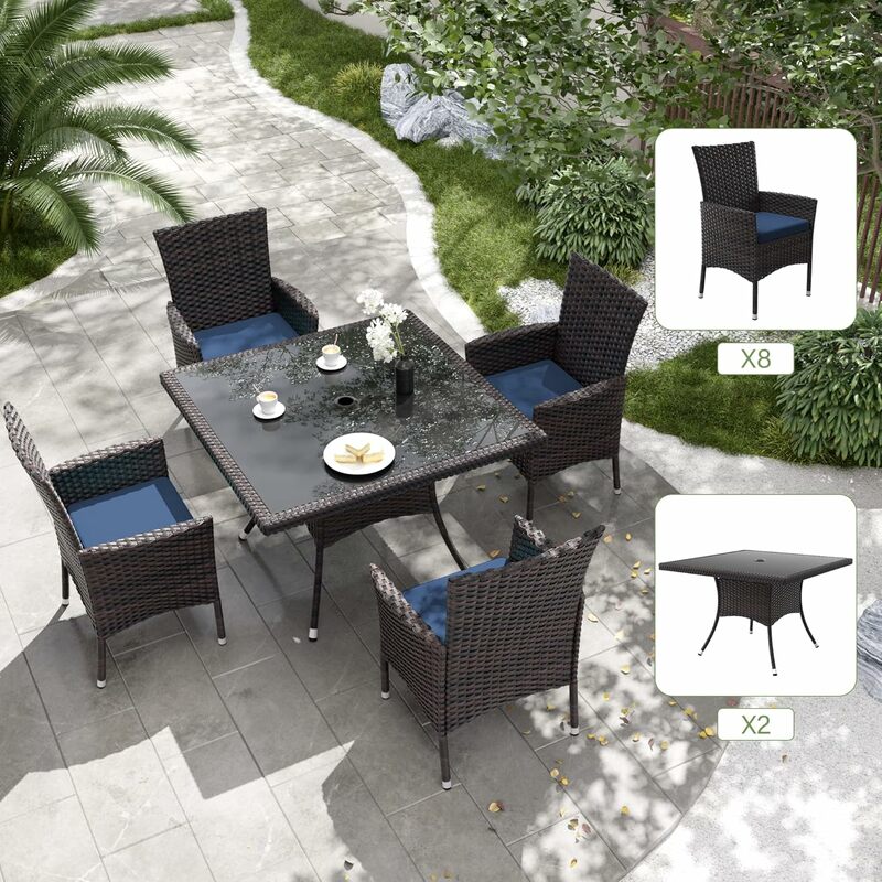 10-częściowy zestaw do jadalni na patio na świeżym powietrzu, zestaw mebli wiklinowych z 8 krzeseł rattanowych z poduszkami i 2 kwadratowymi stołami z wycięciem na parasole