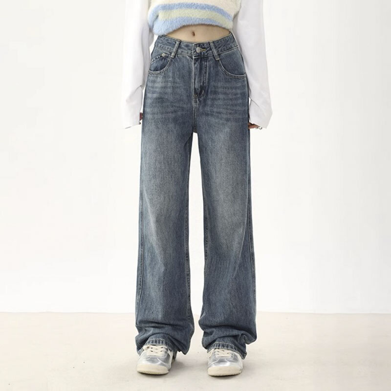 Синие винтажные джинсы с прямыми штанинами, женские модные базовые брюки с завышенной талией, шикарные женские джинсовые брюки высокого качества в эстетике