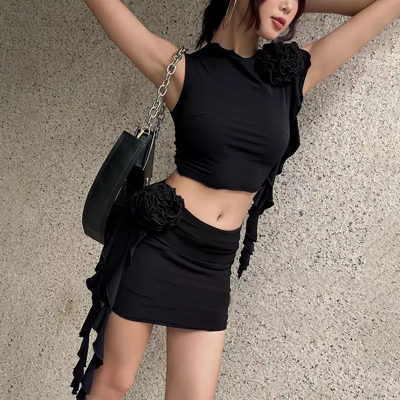 2024 Summer New Style Slim Fit Fashion Casual Women's Flower Top Wrapped Hip Short Skirt Spicy Girl Set  CSM68-4