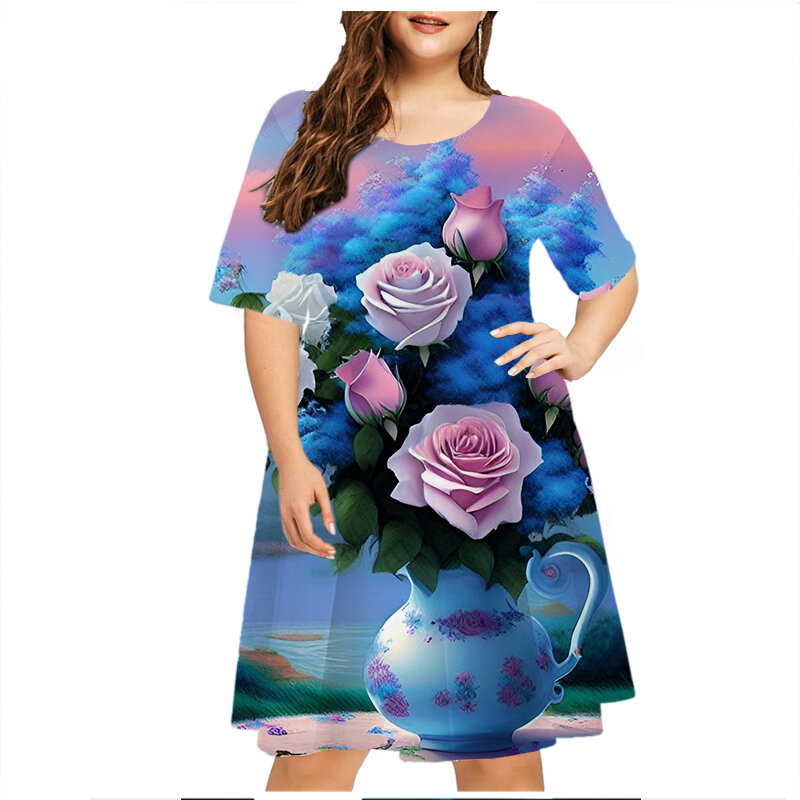 เสื้อผ้ากุลสตรีพิมพ์ลายดอกไม้สีชมพู3D สุดหรูเสื้อคอกลมแขนลำลองขาสั้นฤดูร้อนแฟชั่นชุดมินิเดรสสำหรับงานปาร์ตี้ไซส์ใหญ่พิเศษ6XL