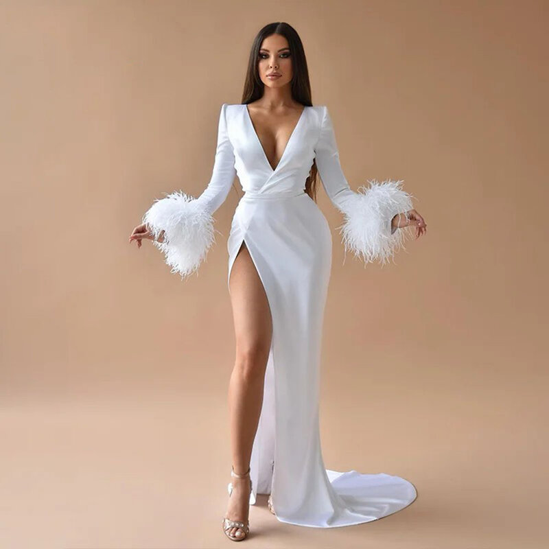 Gaun Prom putri duyung panjang untuk wanita gaun pesta bulu belahan tinggi leher V gaun Formal gaun selebriti Arab
