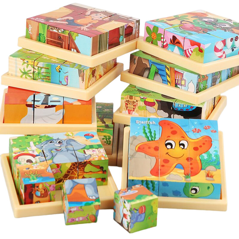 Mainan puzzle kayu kubus 3D anak-anak, sembilan buah nampan blok kayu enam sisi, mainan puzzle pendidikan anak-anak Montessori