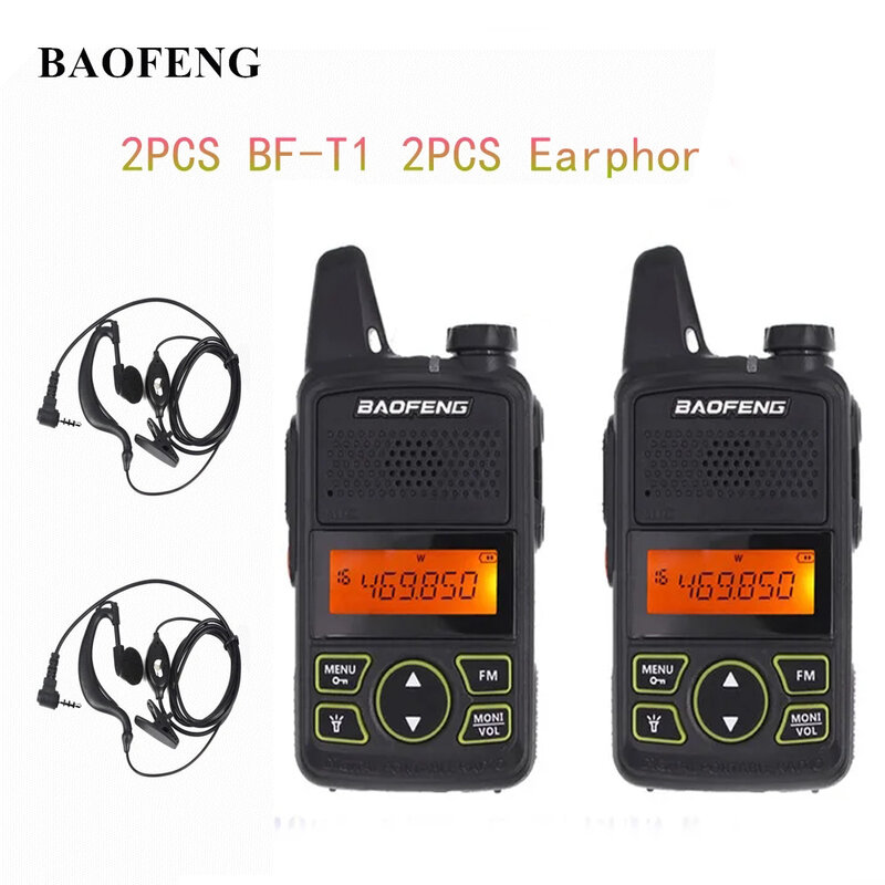 Baofeng BF-T1 Mini portabel, 2 buah Radio dua arah BFT1 UHF 400-470MHz 20CH Ham FM penerima Walkie Talkie dengan Earpiece