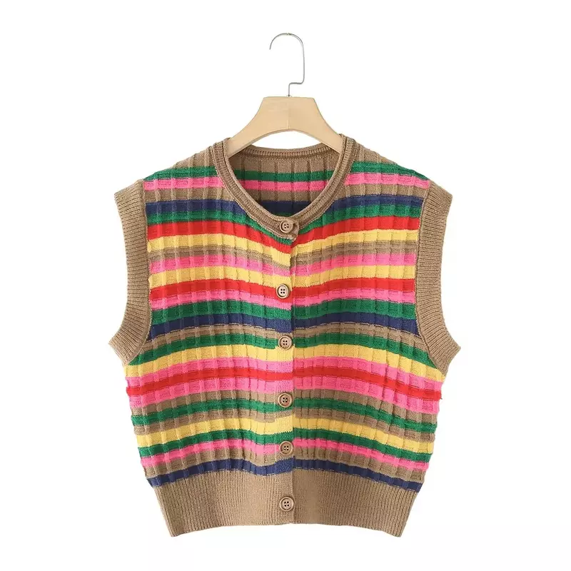 Women's 2024 New Fashion Loose O-neck Printed Stripe Knitted Vest Sweater Retro Sleeveless Button up Women's Tank Top Chic Top