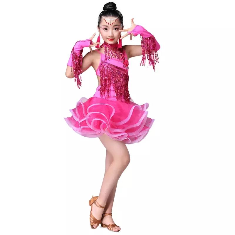 Trajes de dança latina lantejoulas para crianças, saia com borla para meninas, salsa e dança, traje de competição