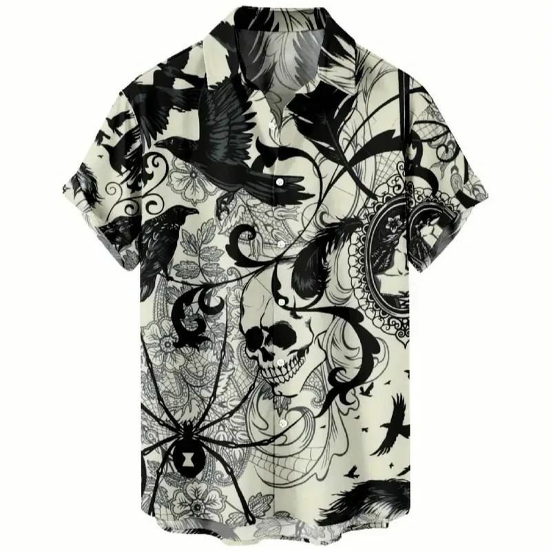 Men's Summer Skull Spider Print Street Casual Style Sweatwicking, Breathable, Quick Drying Polo Collar Shirt with Button Elastic