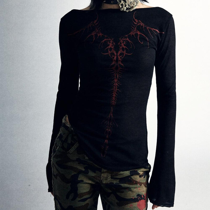 90s Vintage E-girl Emo Clothes Fires Graphic Print Y2K Grunge T-shirt Women Harajuku Retro Long Sleeve Tee Goth Punk Streetwear