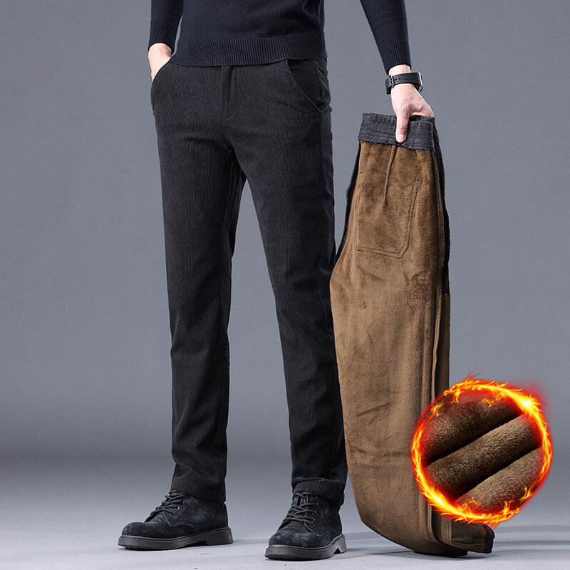 Зимние Теплые повседневные брюки, мужские высококачественные прямые тонкие флисовые брюки, плотные теплые деловые рабочие брюки, модные мужские брюки