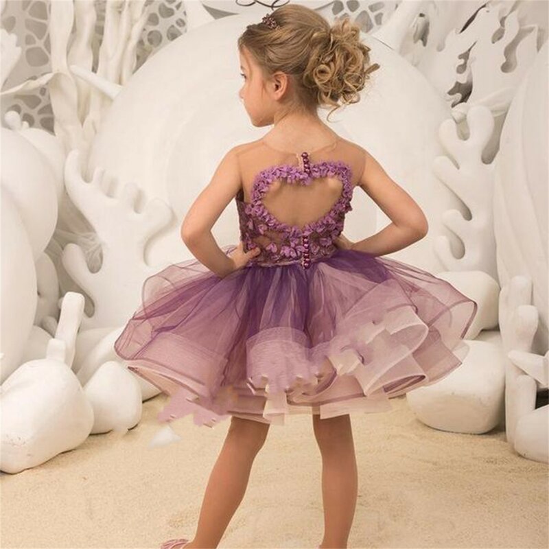 Тюлевое платье с цветочным рисунком для девочек на свадьбу, вечеринку, детское платье принцессы на день рождения с вышивкой, короткие платья фиолетового цвета с аппликацией для первого причастия