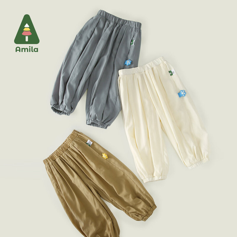 Amila 2024 Summer New Boys Bottom Loose Cinch Pants Cool Breathable Comfortable Solid Color Pants 0-6Y