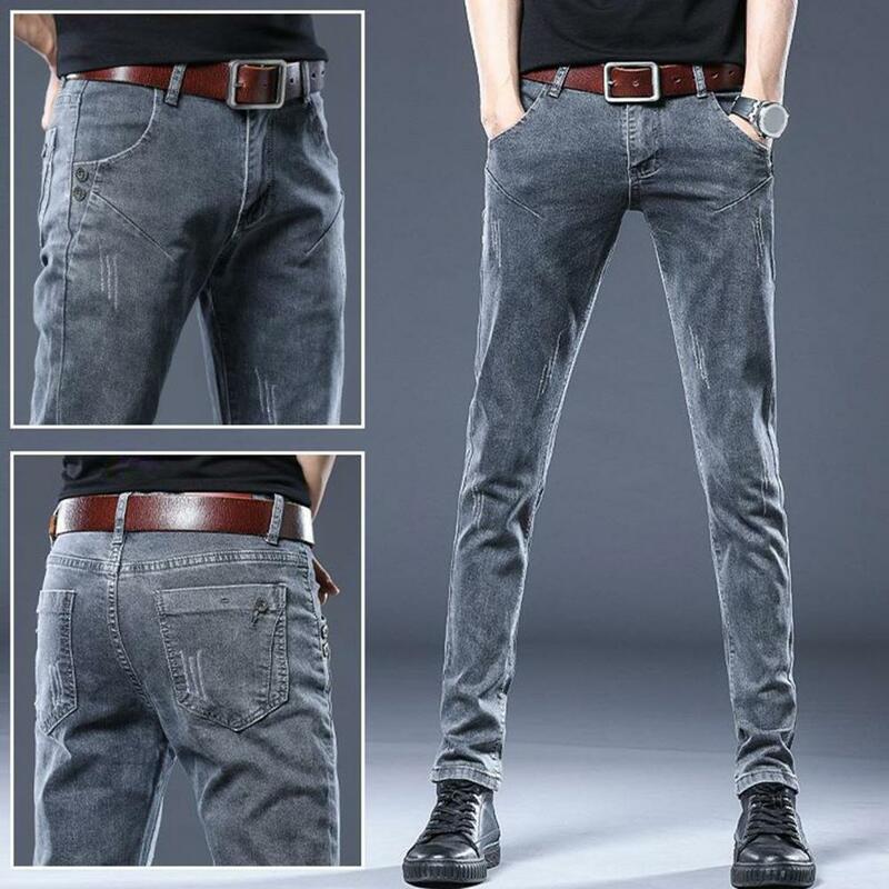 Stretchy Men Trousers Stylish Men's Slim Fit Pants with Pockets Korean Style Ankle Length Trousers for Daily Wear Commute Men