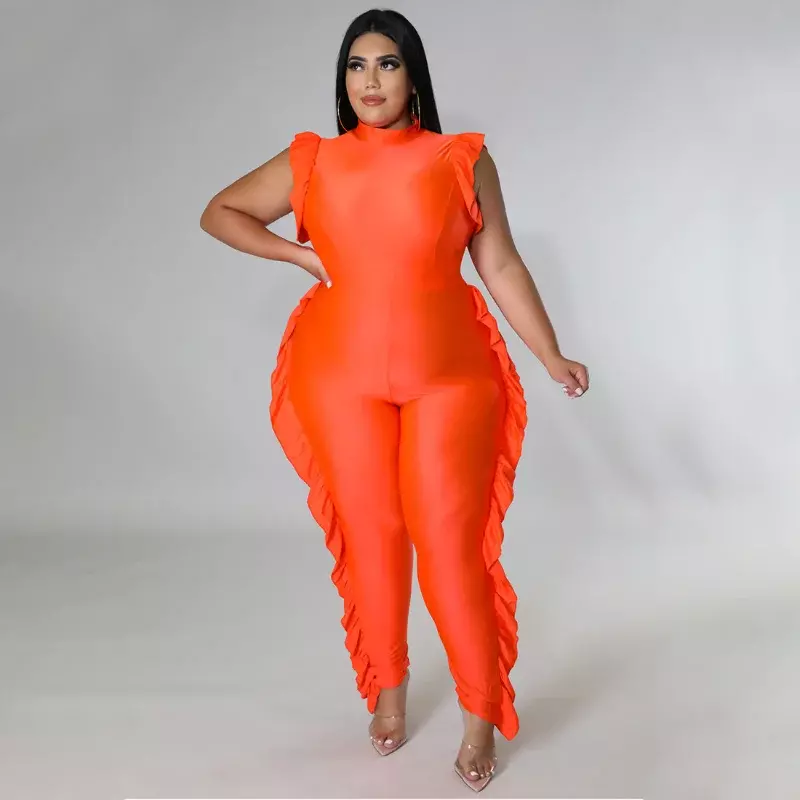 WUHE Orange Black Plus Size Women Sleeveless Wrap O-neck Jumpsuit Side Ruffles Party One Piece Set Playsuit Street Overalls