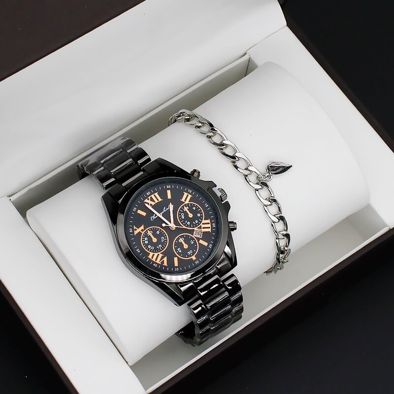 นาฬิกาควอทซ์สีดำผู้ชายคู่4ชิ้น, นาฬิกาผู้ชายผู้หญิงหรูเซ็ตนาฬิกานาฬิกาสตรี relogio feminino พร้อมสร้อยข้อมือ nesklace gifs
