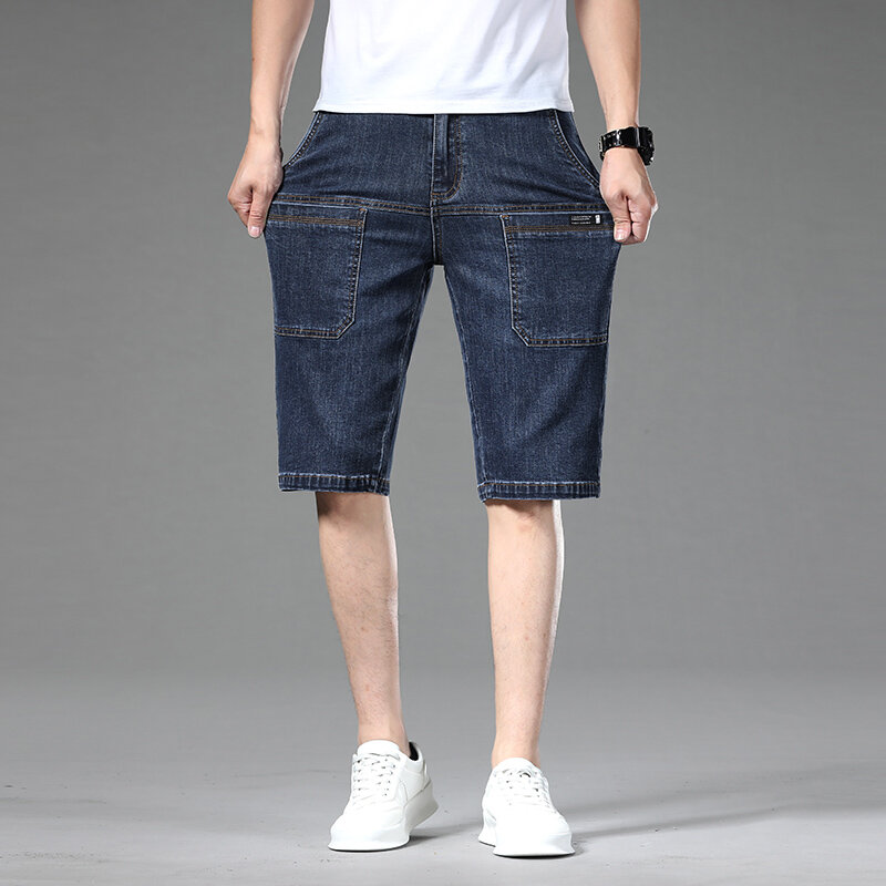 Calça jeans casual masculina com bolsos múltiplos, algodão elástico, calça cargo reta no joelho, roupas de alta qualidade, moda verão, 36, 38, 40