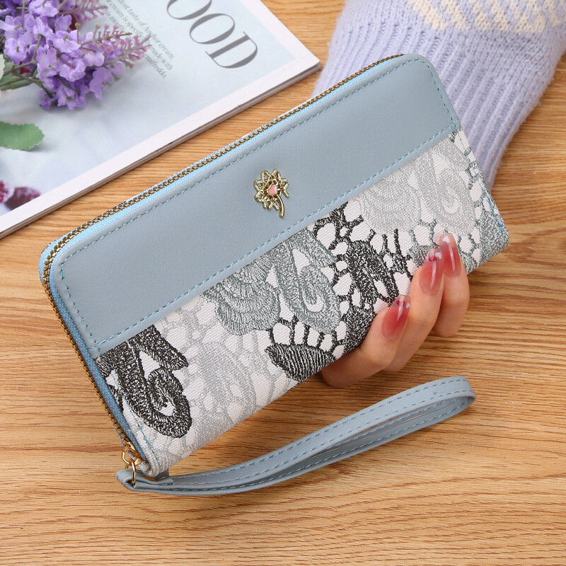 New Single Pull Women's Wallet,Zippered Handbag,Fashionable Embroidered Push,Large Capacity Soft Leather Change Mobile Phone Bag