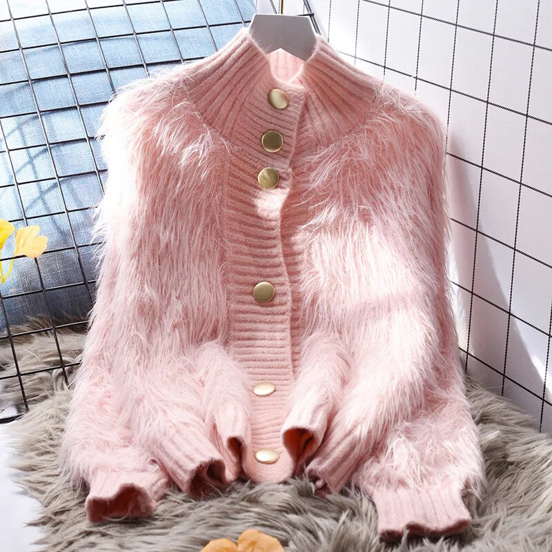 Fashionn-abrigo de piel de imitación para mujer, Chaqueta de punto, suéter corto blanco, cárdigan suelto y perezoso, Otoño, nuevo coreano
