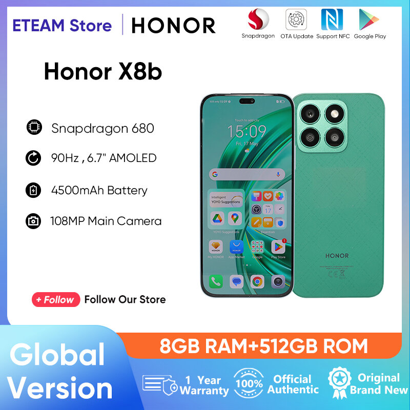 Honor-هاتف ذكي x8b سنادراجون ، ذاكرة رام 8 جيجابايت ، ذاكرة روم جيجا بايت ، شاشة بوصة ، معدل تحديث 90 هرتز ، بطارية mah ، كاميرا 108 ميجابكسل