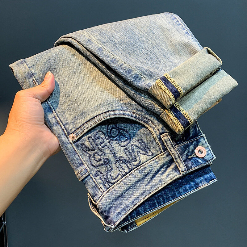 Celana Jeans pria, celana Harem crop kasual melar biru muda tergores bordir trendi tipis musim panas kelas atas