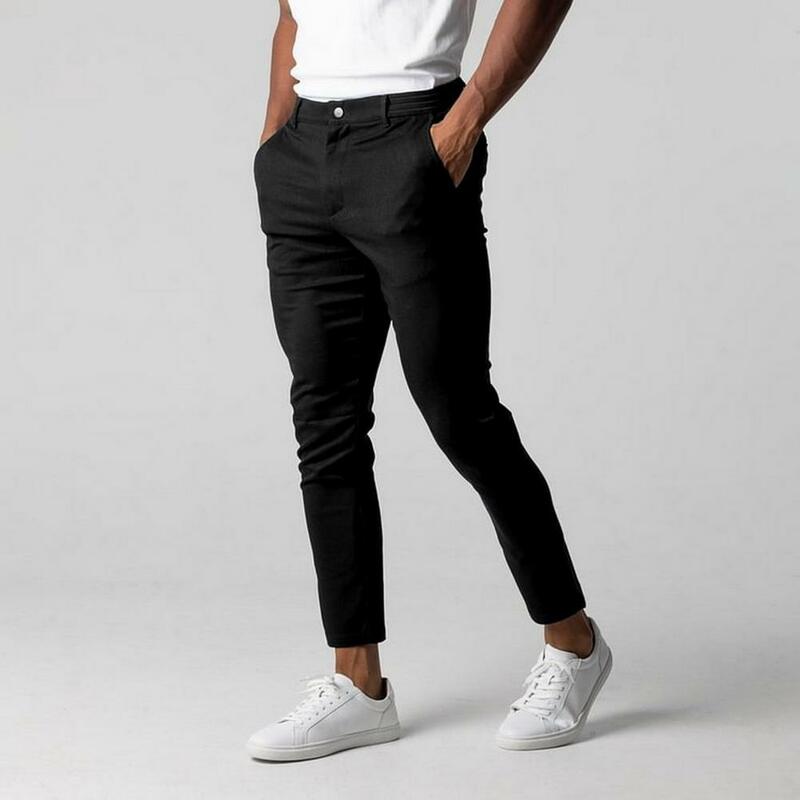 Pantalones informales ajustados para hombre, pantalón Formal de negocios con cintura elástica, botón, cierre de cremallera, bolsillos, Color sólido, suave