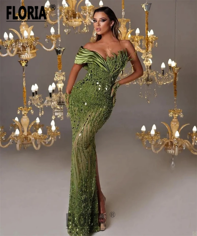 Wunderschöne Dubai Perlen Meerjungfrau Abendkleider Perlen Kristalle 3d Applikationen arabische Party kleider formale Abschluss ball Kleid Robe de Soiree