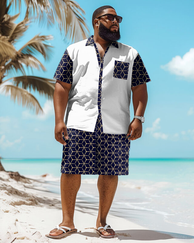 BIGGMANS размера плюс (L-9Xl) для лета, большой Гавайский Мужской комплект, большой размер, деловой принт, короткий рукав, костюм футболка с шортами 7Xl 8Xl