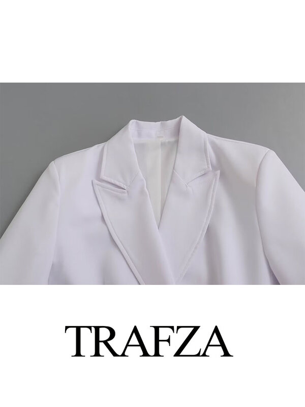 Trafza ชุดสูทผู้หญิงสำหรับฤดูร้อน2024อินเทรนด์แขนยาวสีขาวคอปกเสื้อเสื้อเบลเซอร์กระดุมสองแถว + กางเกงขาสั้นเข็มขัดเอวสูงติดกระดุม