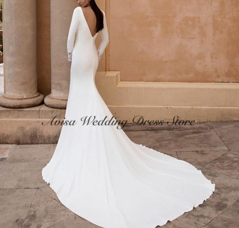Gaun pernikahan Boho jubah belah samping sifon gaun pengantin berenda applique lengan panjang untuk pengantin wanita punggung terbuka
