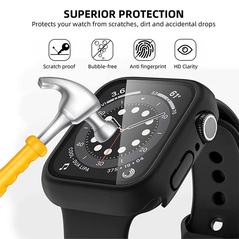 Protector de pantalla de cristal templado y funda para Apple Watch, 44mm, 40mm, 45mm, 41mm, 42mm, accesorios para Apple Watch serie 9, 6, 5, 4, SE, 7, 8
