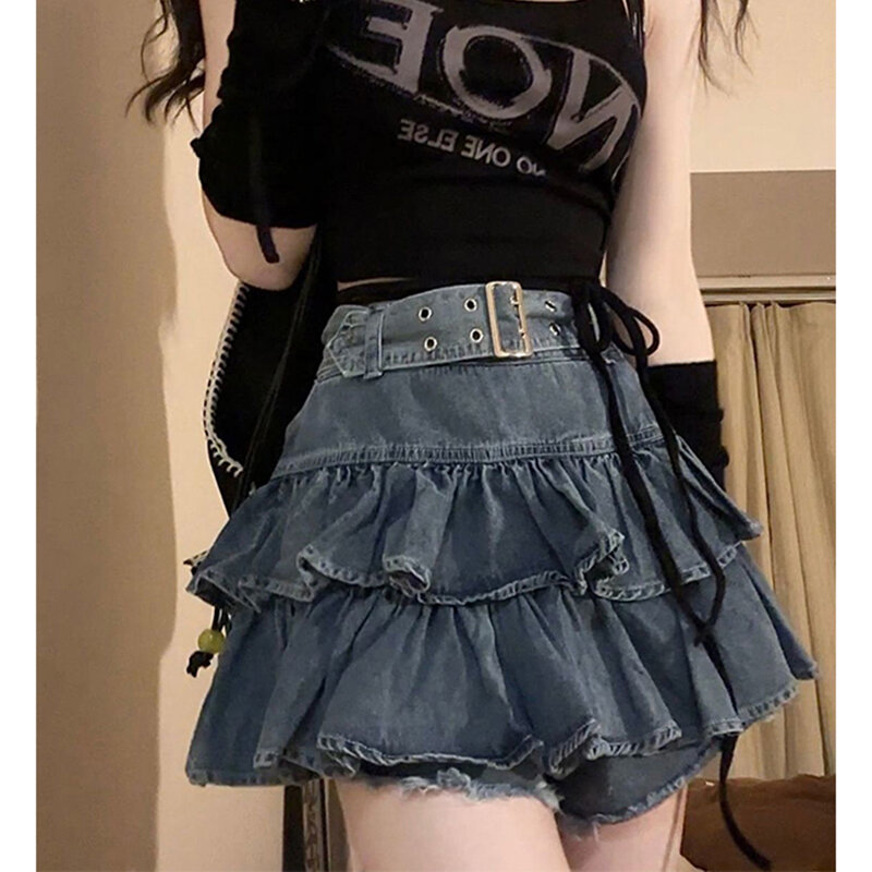 Женская джинсовая мини-юбка с оборками Y2K, винтажная плиссированная джинсовая юбка с поясом, летняя Милая облегающая трапециевидная юбка в Корейском стиле с высокой талией, новинка 2000