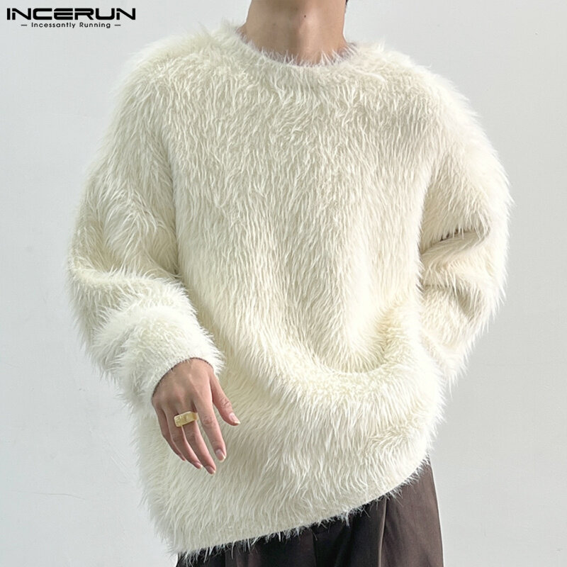 INCERUN S-5XL pria, atasan Sweater lengan panjang polos, pakaian jalanan kasual, Pullover kain mewah, longgar, gaya Korea, 2024