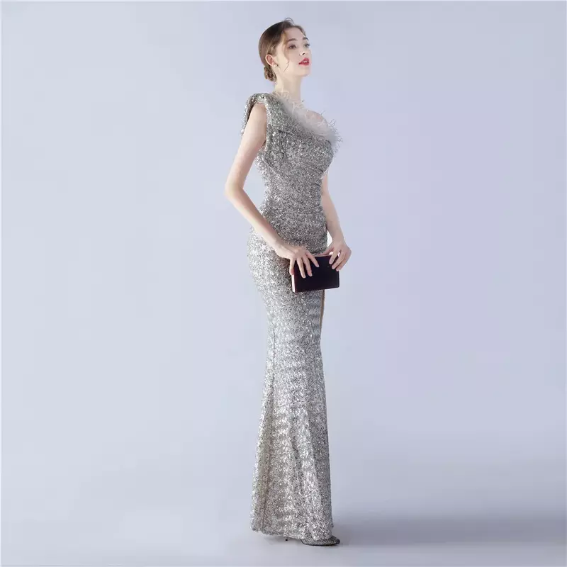Sladuo One Shoulder With Feather Sequin Prom Dresses Sexy High Slit Long Mermaid Formal Evening Party Gowns
