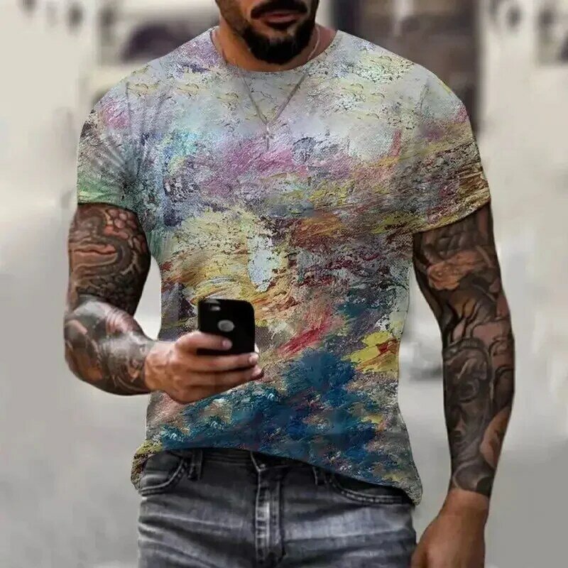 Die neuesten Sommer Männer o Kragen T-Shirt Ölgemälde Stil 3D-Druck lässig Mode Farbe Harajuku Stil Männer Kurzarm