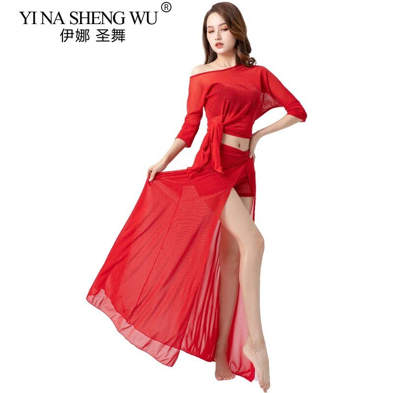 Adult Belly Dance Costumes Oriental Dance Performance Practice Clothes Red Color Sexy Mesh Yarn Top+Skirt Set for Women