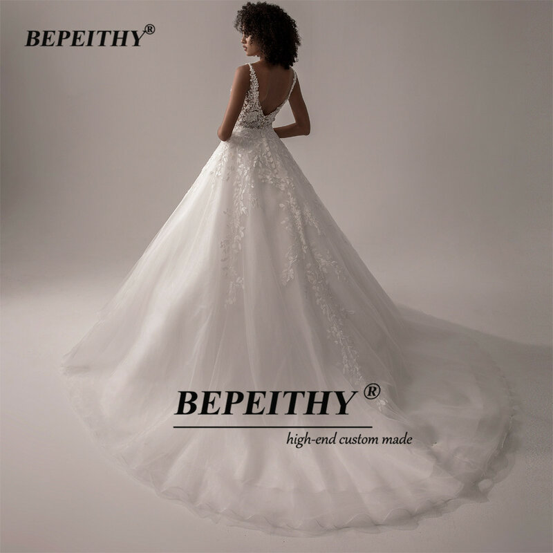 Bepeithy vestido de noiva v pescoço vestidos de noiva sem mangas 2022 para as mulheres uma linha de marfim laço boho noiva vestido de noiva romântico