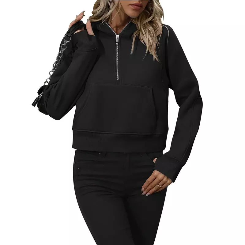 New women's half zipper hooded sweatshirt fleece short fashion sweater