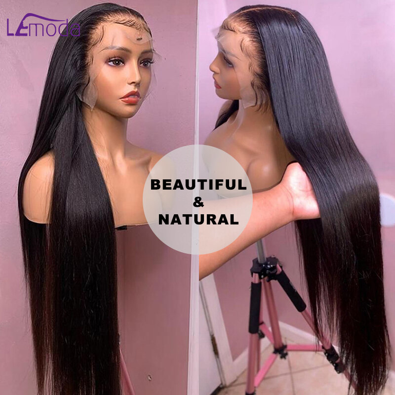 Lemoda-Peluca de cabello humano liso Remy para mujer, postizo de encaje Frontal HD de 13x6, 13x4, 34 y 32 pulgadas, transparente