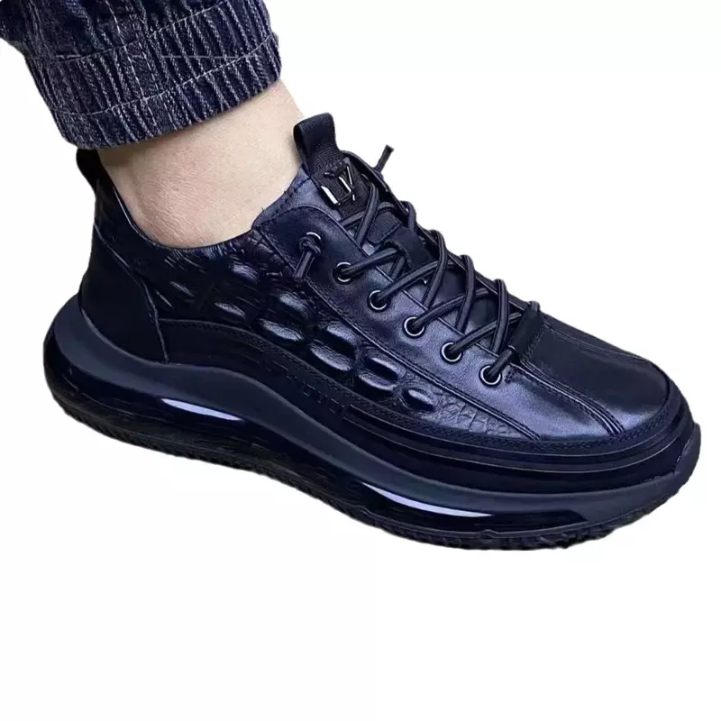 Sapato de couro crocodilo solado grosso masculino, sapato de trabalho empresarial escovado superior, moda casual, 2023